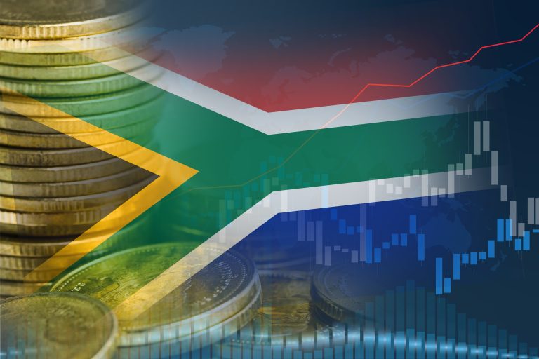 Stock market investment trading financial, coin and South Africa flag , finance business trend data