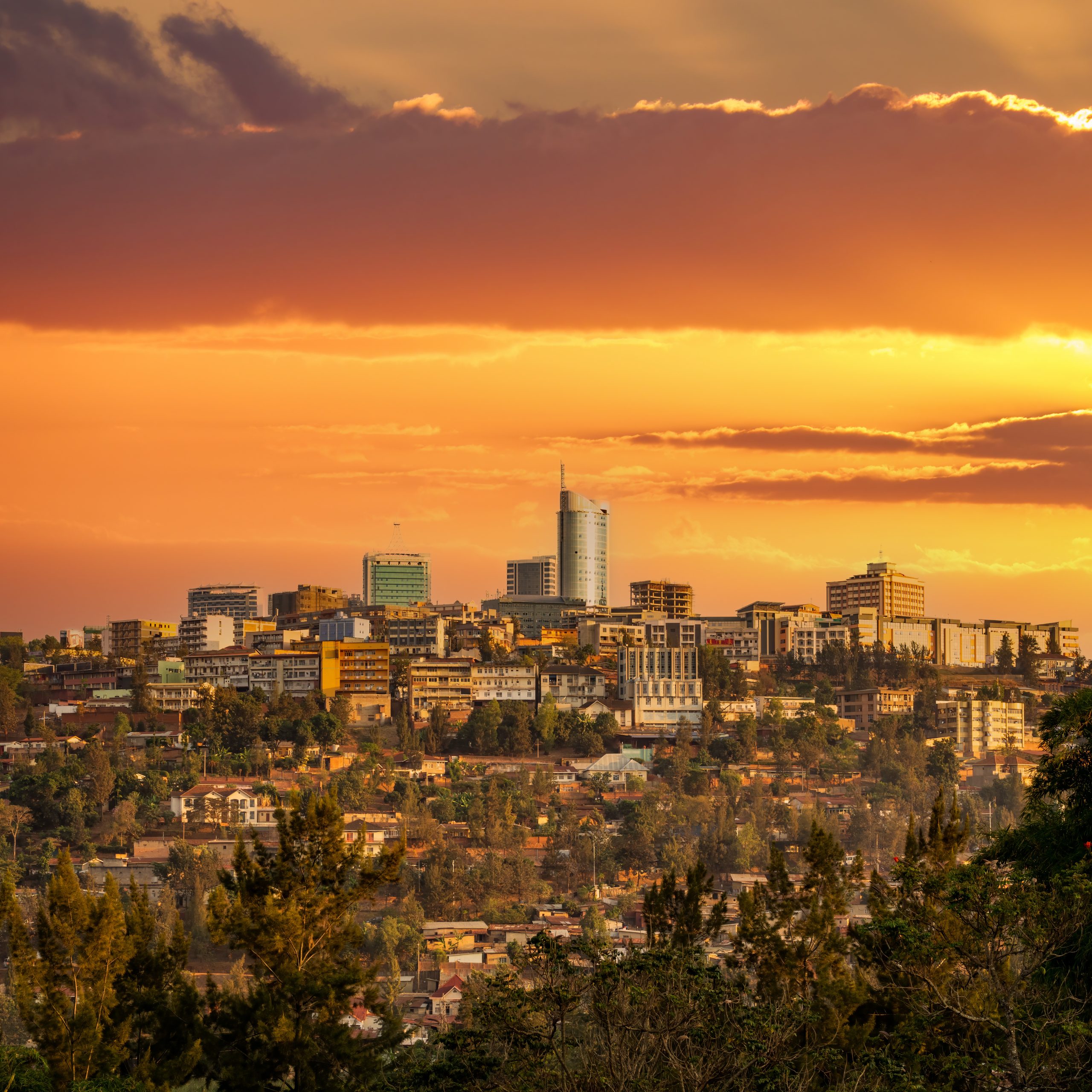 Kigali downtown skyscraper on top of the hill at dusk